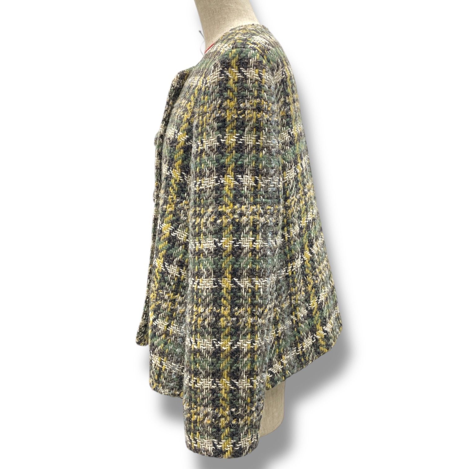 Mademoiselle NON NON マドモアゼルノンノン ツイードチェックジャケット ノー ジャケット アルパカ ウール D0344FCW019 緑 黄色 Mサイズ レディース 冬 ゴーゴー古着マルイファミリー溝口店 11 No.200