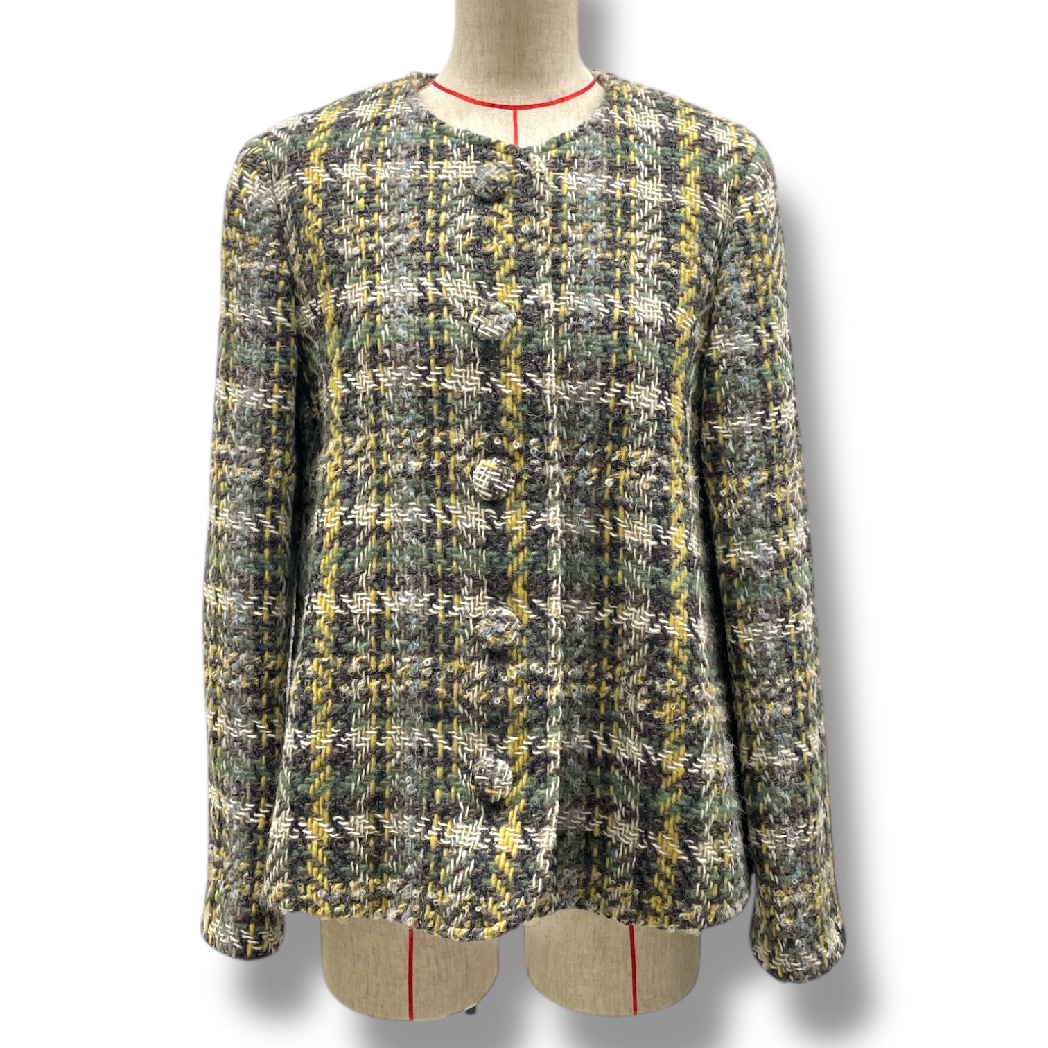 Mademoiselle NON NON マドモアゼルノンノン ツイードチェックジャケット ノー ジャケット アルパカ ウール D0344FCW019 緑 黄色 Mサイズ レディース 冬 ゴーゴー古着マルイファミリー溝口店 11 No.200