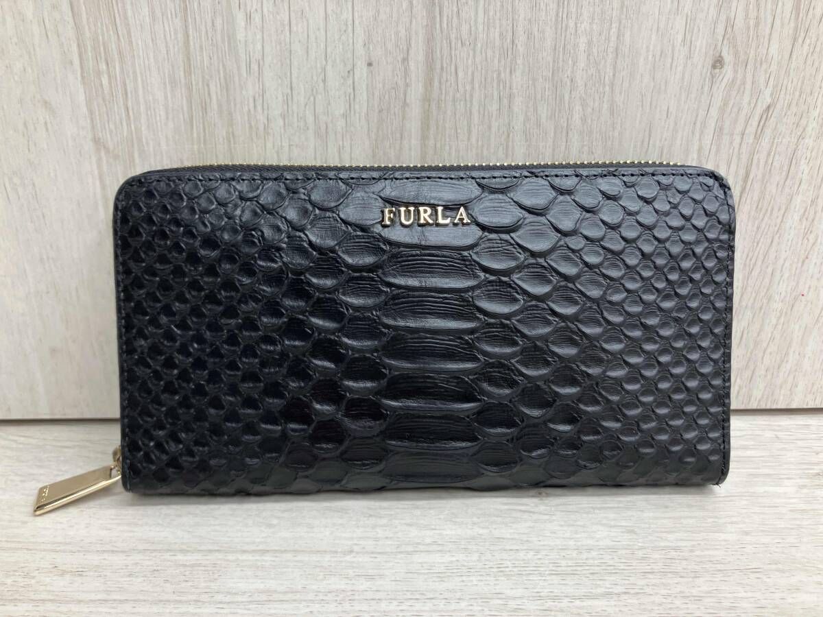 FURLA フルラ 長財布 ラウンドファスナー クロコ調 ブラック ブランド