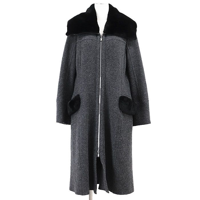 FOXEY フォクシー ロングコート ヌートリアファー ウール × シルク × カシミヤ ブークレ ニット ストレッチ ジップアップ 一重仕立て アウター レディース サイズ 40 グレー ブラック 灰色 黒 37782
