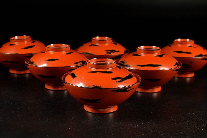 蔵A 2374 時代 木製根来塗 吸物椀 汁椀 蓋物 六客