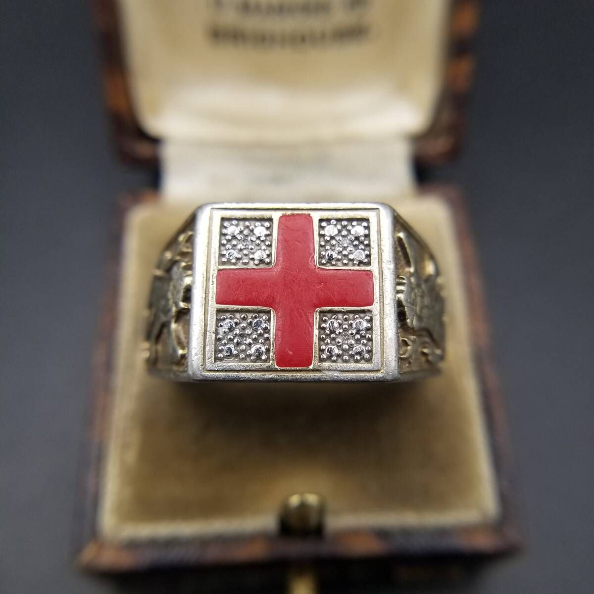 St George Cross Lion Passant 彫金 925シルバー ヴィンテージ シグネット リング 銀 指輪 重厚感 英国 Sheffield Convention マーク R 16 V