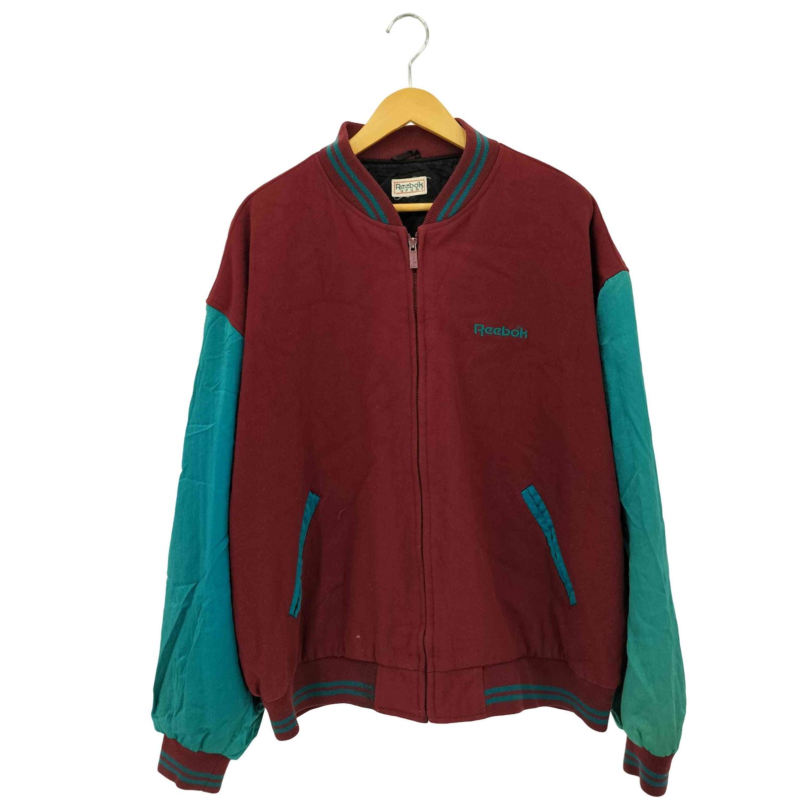 リーボック Reebok 90s 旧タグ ジップアップ サテンスリーブ メルトン バーシティジャケット メンズ 表記無