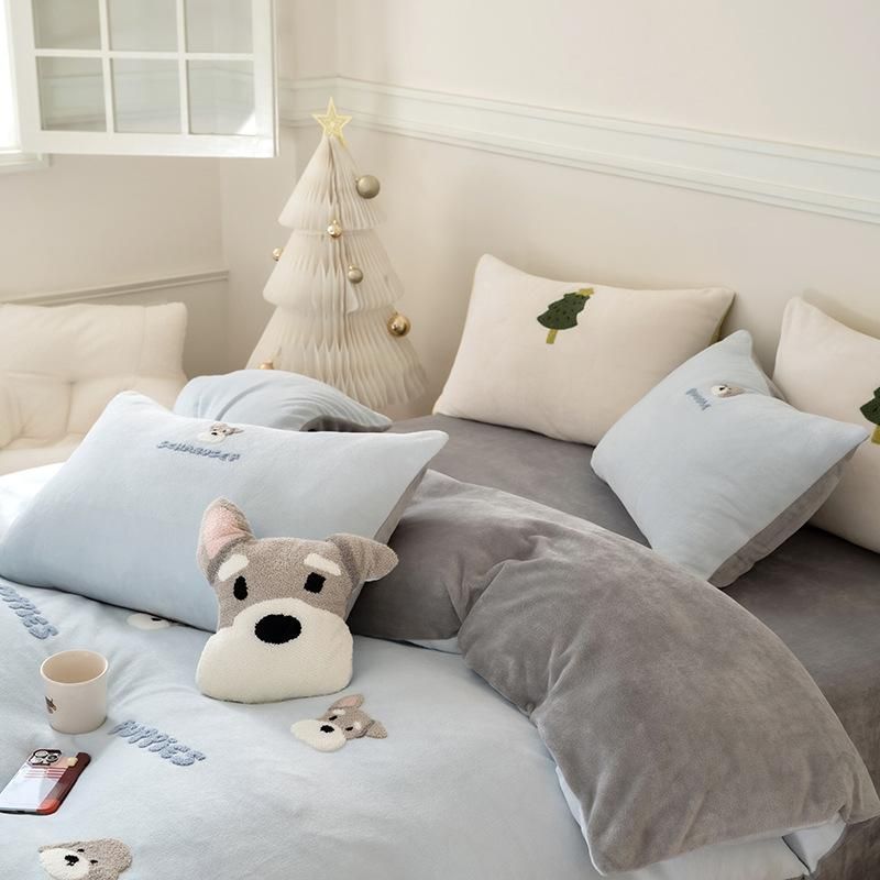 布団カバーセット 秋冬用 あったか 寝具 4点セット フランネル 刺繍 かわいい柄 ベッドシート式