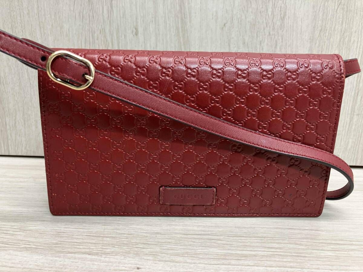 GUCCI マイクログッチシマ 466507 ショルダーウォレット レッド ショルダーストラップ付き長財布