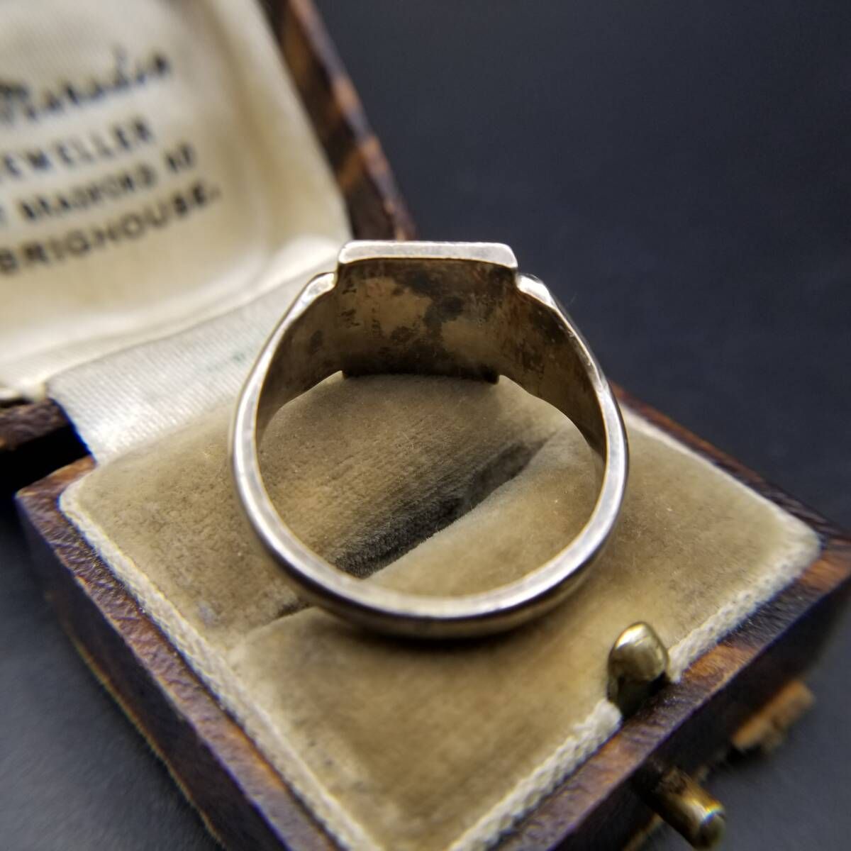  1986年 英国 ヴィンテージ フローラル レクタングル 925 シルバー シグネット リング 指輪 銀 ゴールドプレート Birmingham R 16 W リング 指輪 アクセサリー