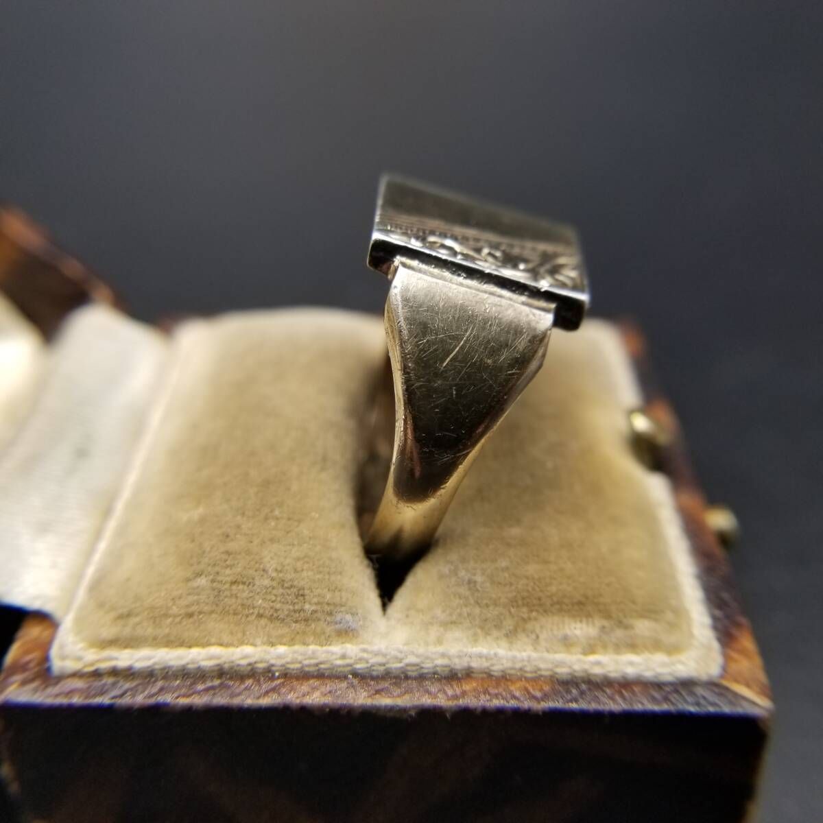 1986年 英国 ヴィンテージ フローラル レクタングル 925 シルバー シグネット リング 指輪 銀 ゴールドプレート Birmingham R 16 W