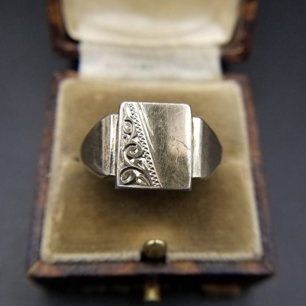 1986年 英国 ヴィンテージ フローラル レクタングル 925 シルバー シグネット リング 指輪 銀 ゴールドプレート Birmingham R16-W