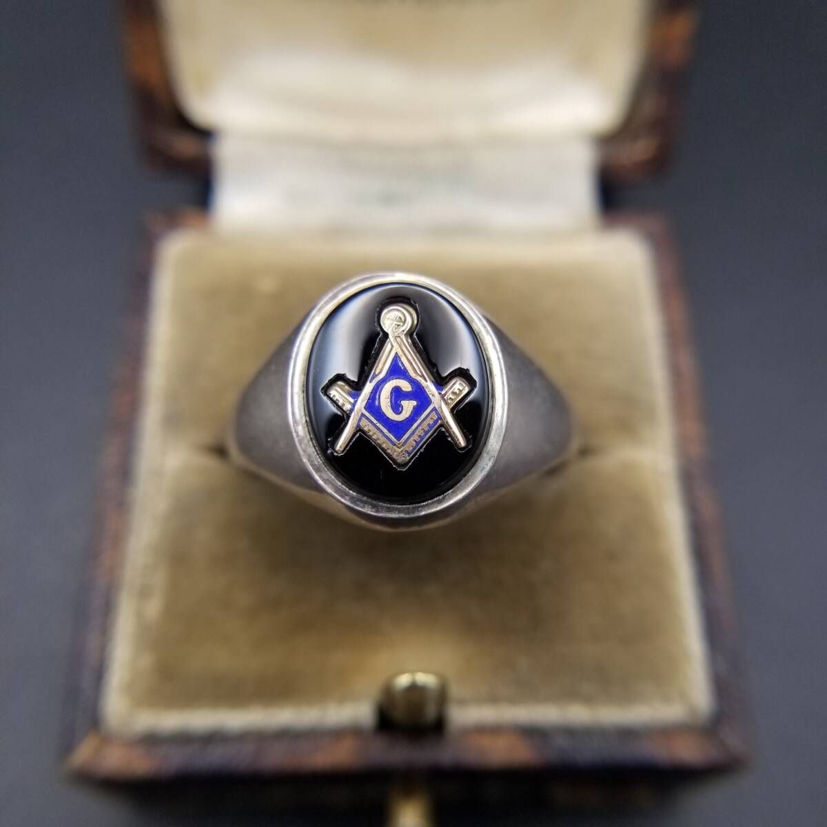 フリーメーソン 紋章 直角定規とコンパス オーバル ヴィンテージ シグネット リング 925 シルバー 指輪 銀 マソニック オニキス R 16 W