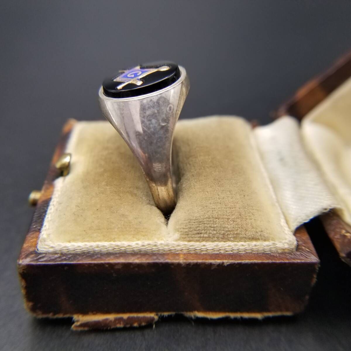 フリーメーソン 紋章 直角定規とコンパス オーバル ヴィンテージ シグネット リング 925 シルバー 指輪 銀 マソニック オニキス R 16 W