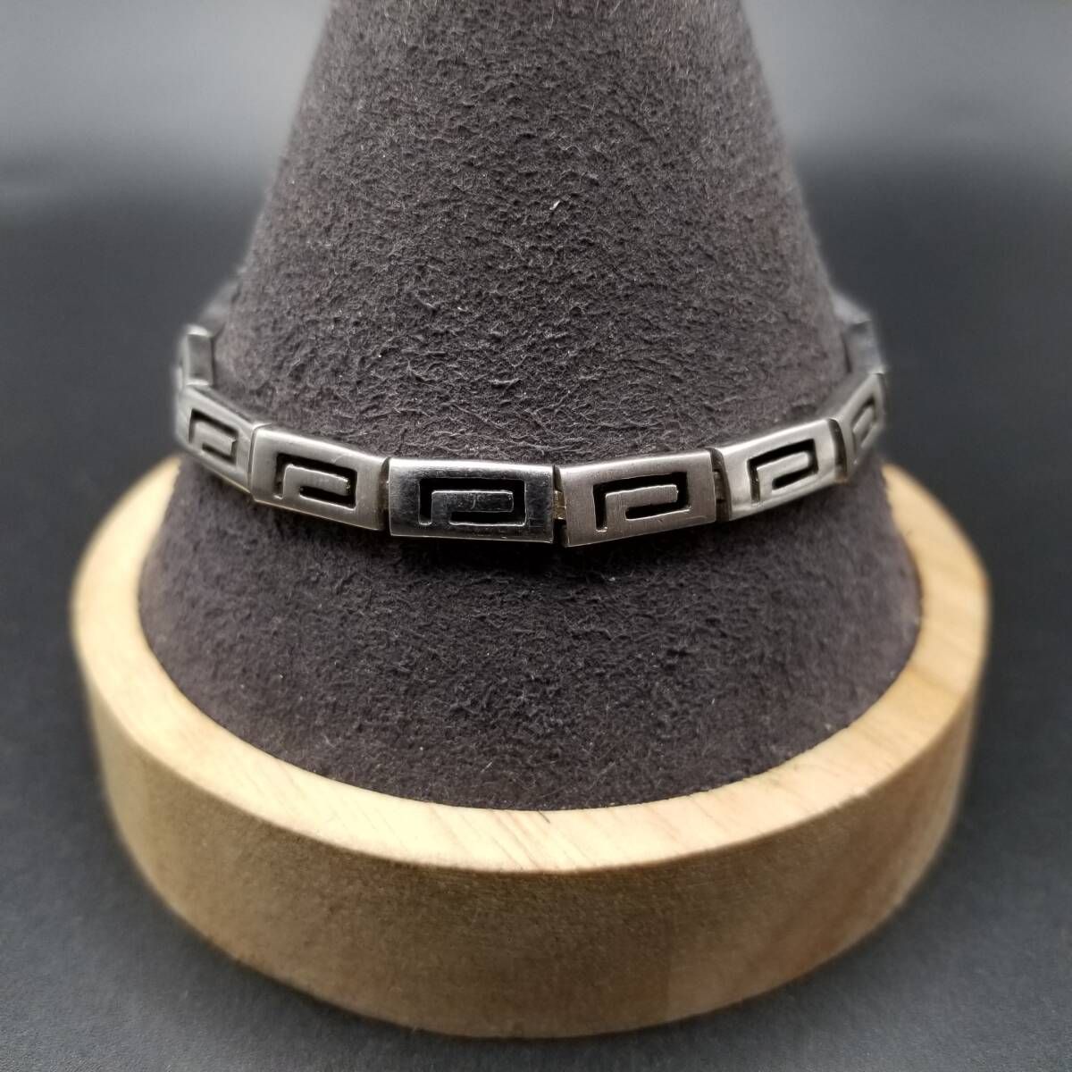 英国 ヴィンテージ ギリシャ雷文 シンプル 925 シルバー ブレスレット 銀 幅広 スタイリッシュ Sheffield ホールマーク R 16 Y