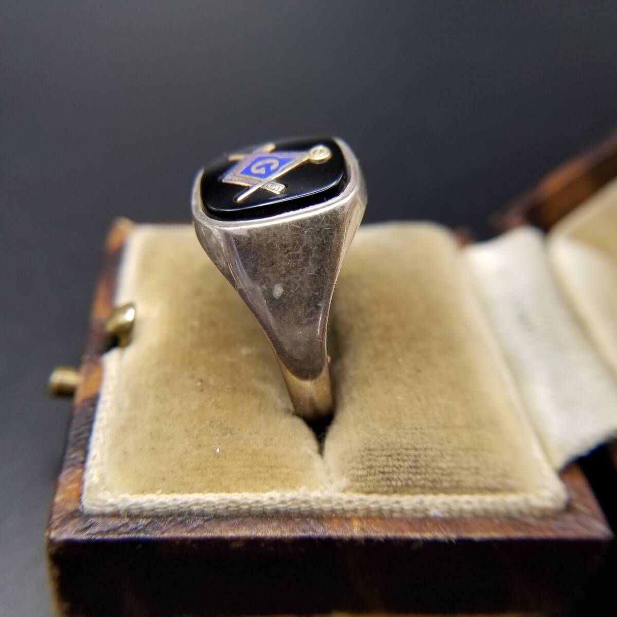 フリーメーソン 紋章 直角定規とコンパス 925 シルバー ヴィンテージ シグネット リング 指輪 銀 マソニック オニキス インレイ R 16