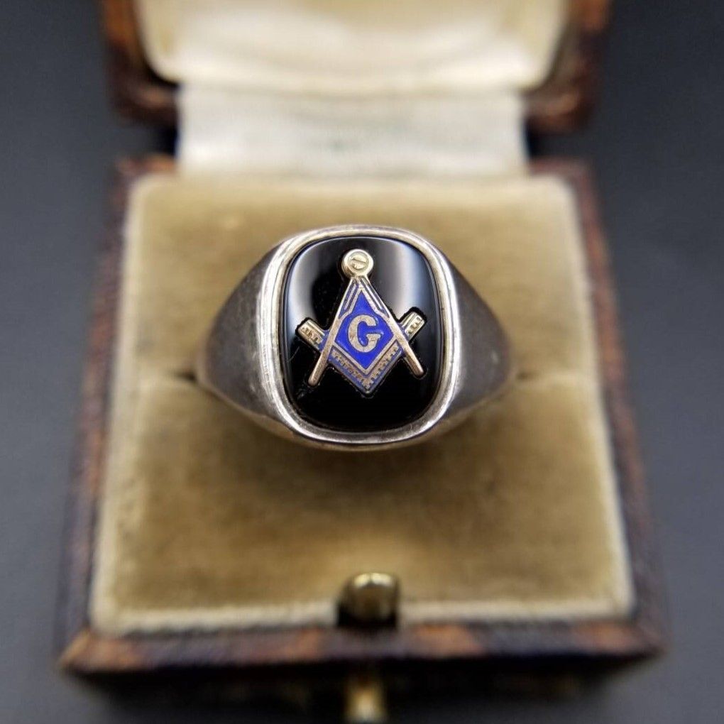 フリーメーソン 紋章 直角定規とコンパス 925 シルバー ヴィンテージ シグネット リング 指輪 銀 マソニック オニキス インレイ R 16-R