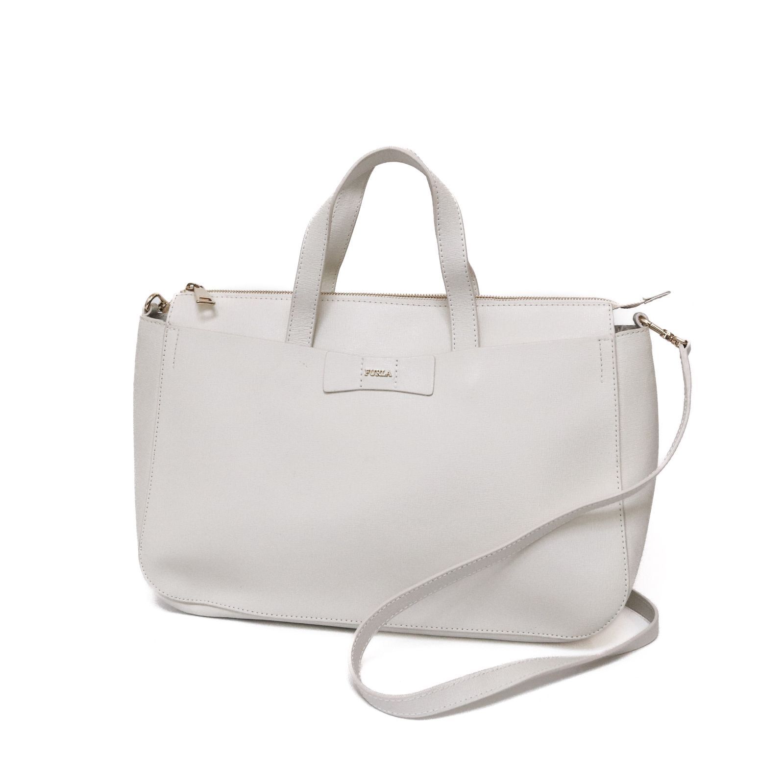 FURLA ホワイト シボ革 レザー2way トートバッグ FURLA Olivia White Leather 2Way Shoulder Bag Unisex Authentic