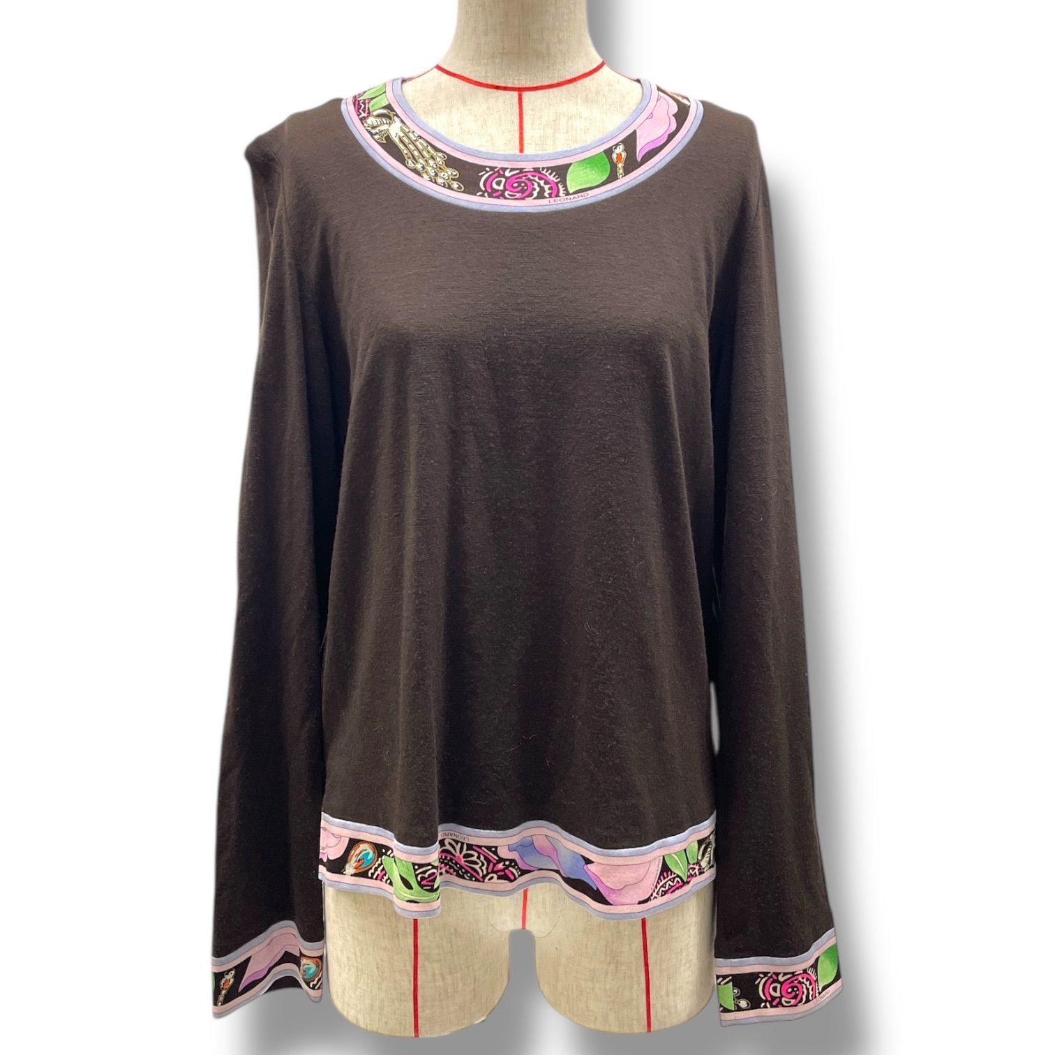 LEONARD レオナール フラワープリント ウールロングスリーブニット セーター カットソー 花柄 ウール 絹 シルク 0389354 茶色 ブラウン LLサイズ レディース 秋 冬 ゴーゴー古着マルイファミリー溝口店 4 No.201