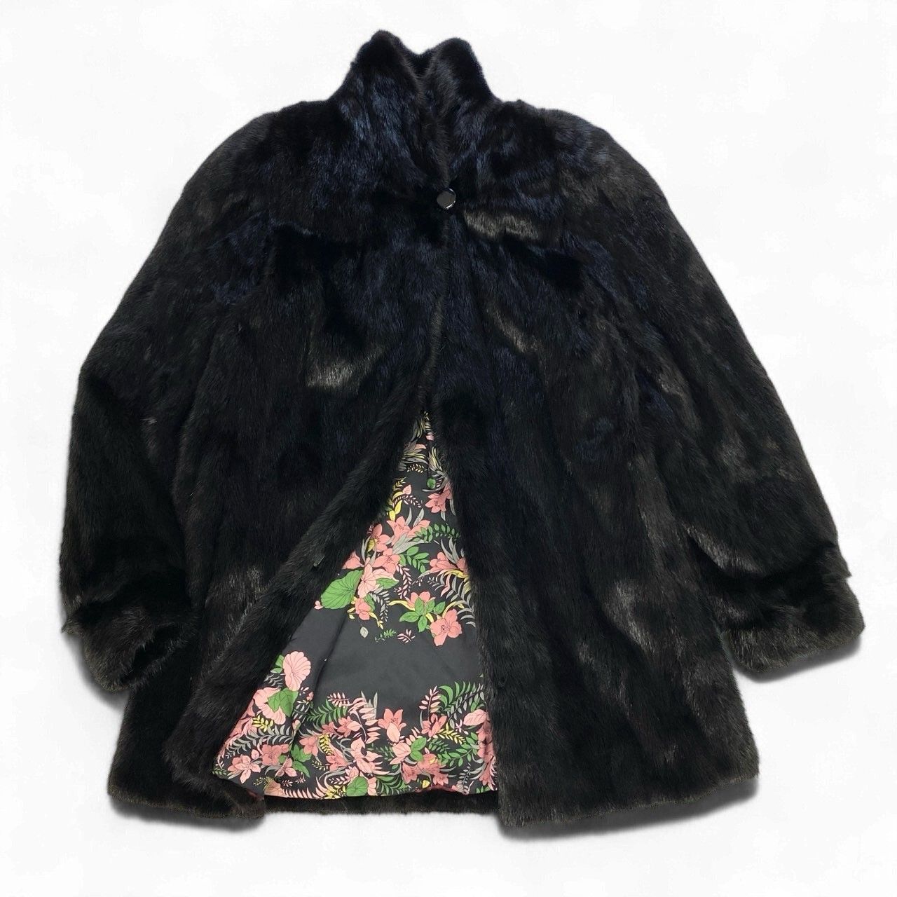 42k14 毛皮コート ファーコート ダークミンク ミンクファー セミロングコート 裏地花柄 シルク ブラック レディースu02t