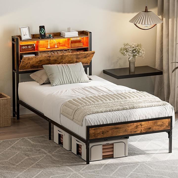IKIFLY ベッドフレーム 収納宮棚付き パイプベッド コンセント付き