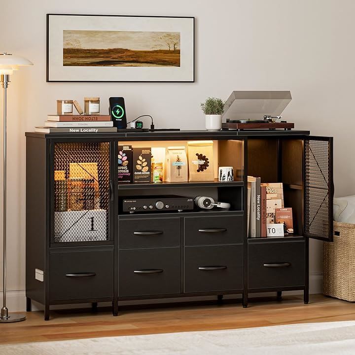 IKIFLY チェスト収納 タンス 棚付き リビングキャビネット 扉 箪笥リビング LEDライト テレビボード おしゃれ 収納ケース 引き出し 大容量 USBポート洋服タンス 布製 ブラック 奥行30 cm x 幅120 高さ75