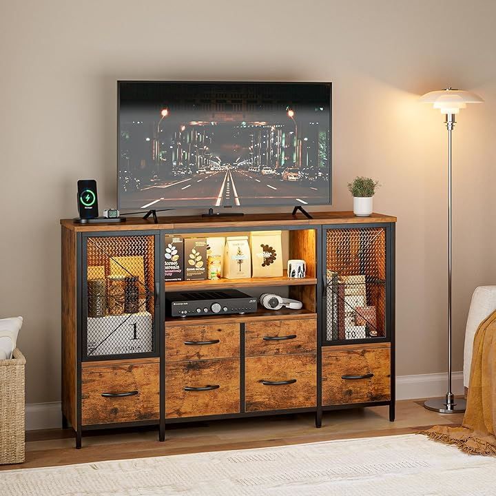 チェスト収納 タンス リビング収納　LEDライト付き テレビボード　ヴィンテージ IKIFLY チェスト収納 タンス 棚付き 箪笥リビング収納チェスト LED