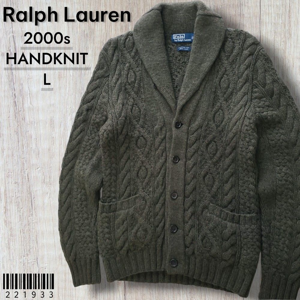 Polo by Ralph Lauren ラルフローレン 2000s ハンドニット 手編み 肉厚ウール ショール カーディガン L カーキ 羊毛 ケーブル編み アランニット フィッシャーマン 定価88000