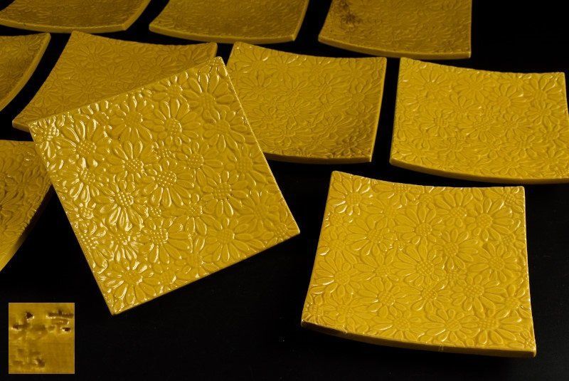 蔵A 2471 a 川崎和楽 菊花紋菓子皿 四方皿 十客 共箱