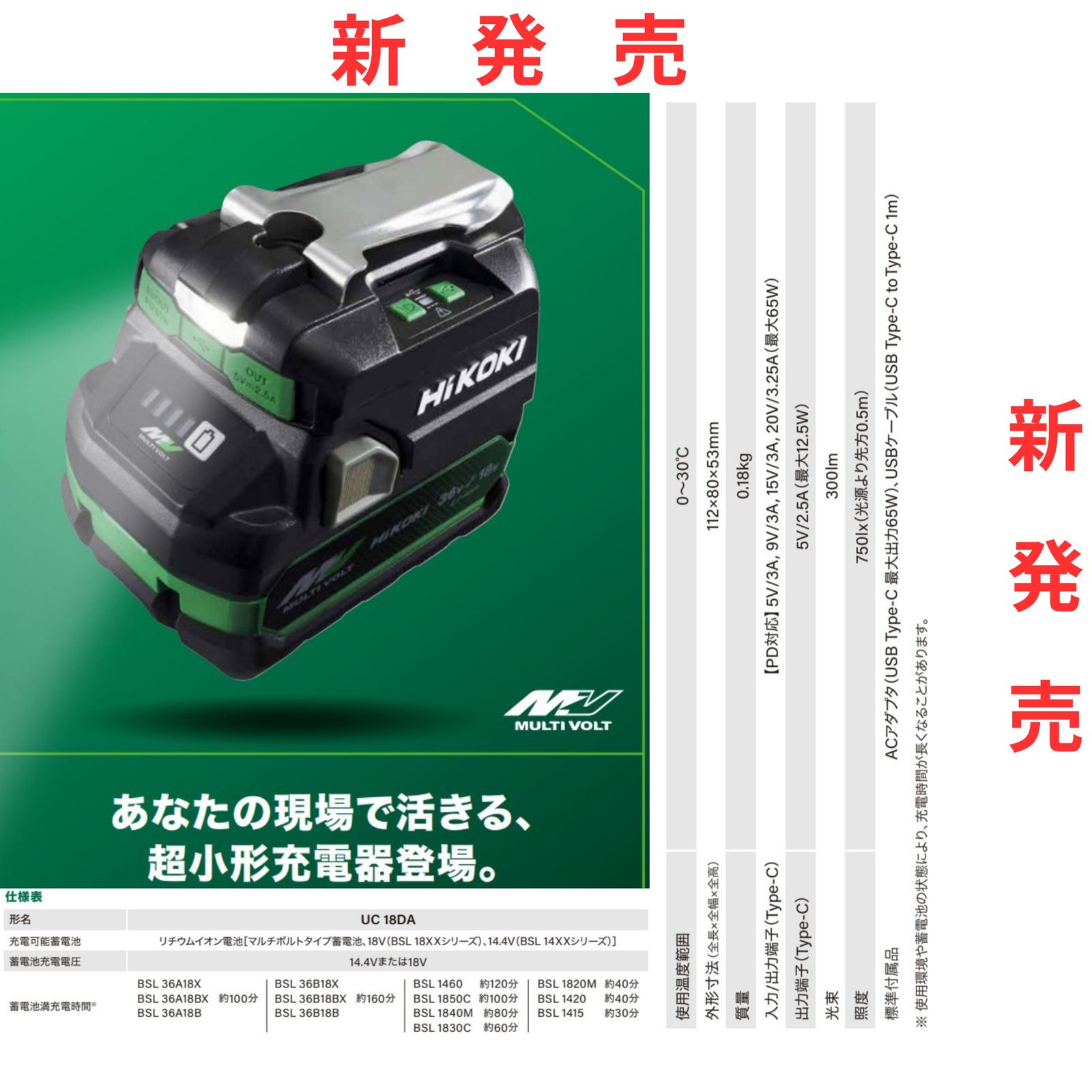 HiKOKI UC18DA 超小型充電器 Type-C使用 14.4V 18V MV対応 PD65W LEDライト付 コンパクト マルチボルト 小さい 充電器