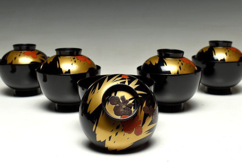 蔵A2445a 輪島 黒塗蒔絵菖蒲文 小吸物椀 五客 共箱