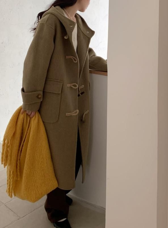 コート レディース ウール ダッフルコート フード付き 秋冬 ミドル丈 ゆったり グレー カーキ 赤 長袖 ドロップショルダー 韓国風