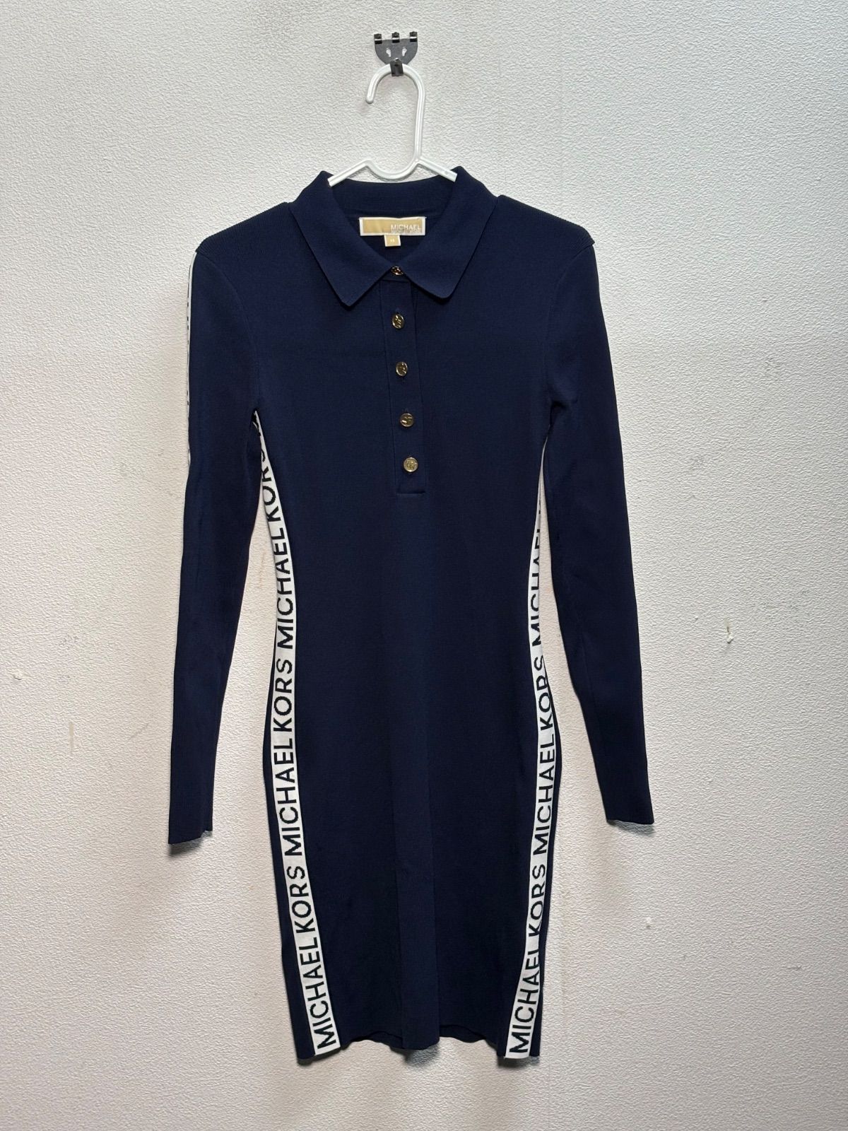 マイケルコース MICHAEL KORS ワンピース 長袖 紺 ニット タイト XS ロゴ