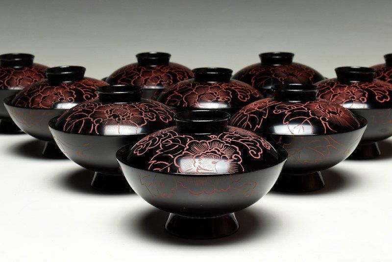 蔵A 2300 d 木製黒塗沈金花文 吸物椀 汁椀 十客
