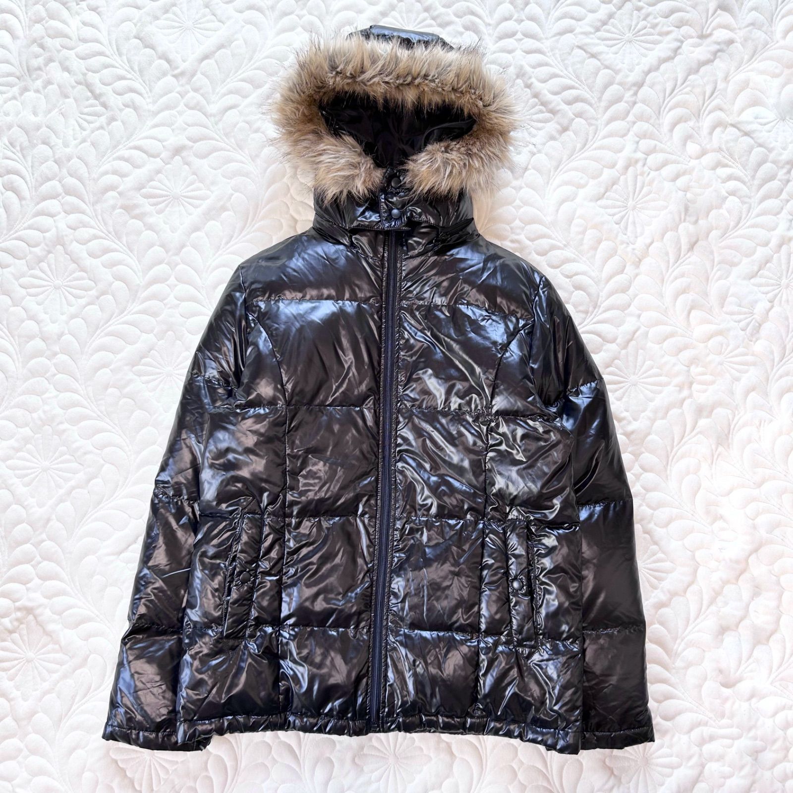 お兄系 y2k グランジ フード ファー ダウンジャケット キルティング 光沢感 ブラック