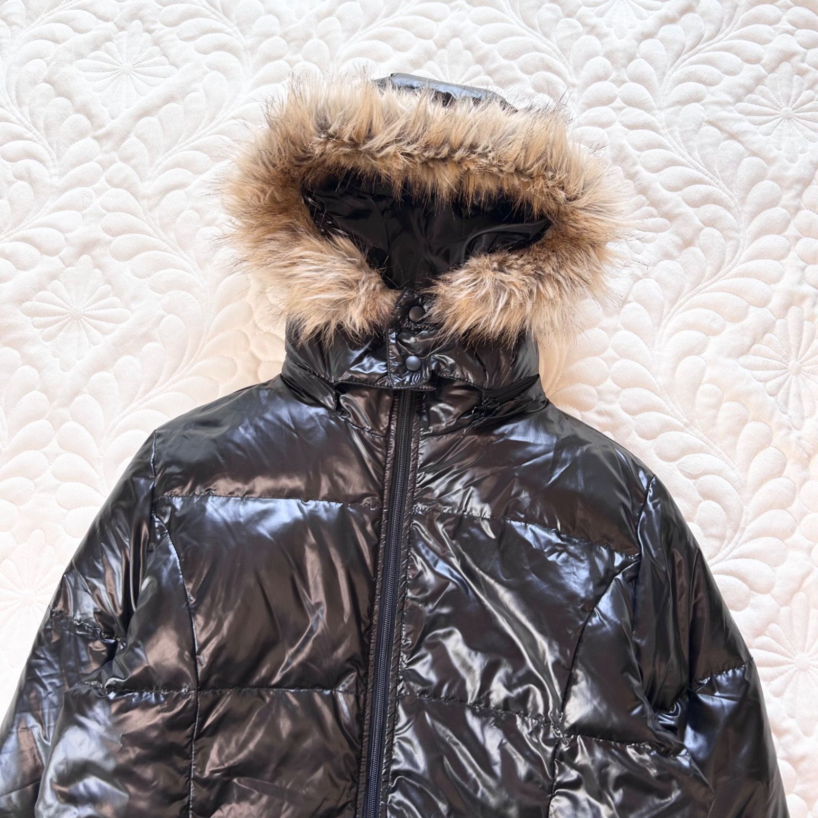 お兄系 y2k グランジ フード ファー ダウンジャケット キルティング 光沢感 ブラック