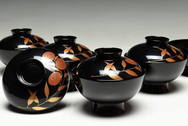 蔵A 2278 b 木製黒塗 笹文蒔絵 吸物椀 汁椀 五客 木箱