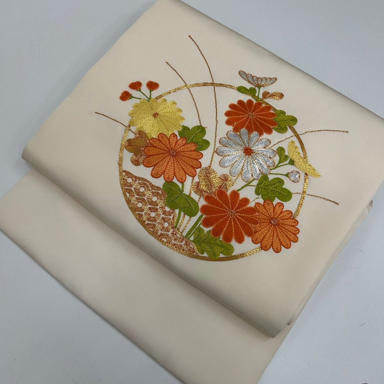 名古屋帯 塩瀬 刺繍 金駒刺繍 花柄 九寸 正絹 着物 MA-1134 - メルカリ