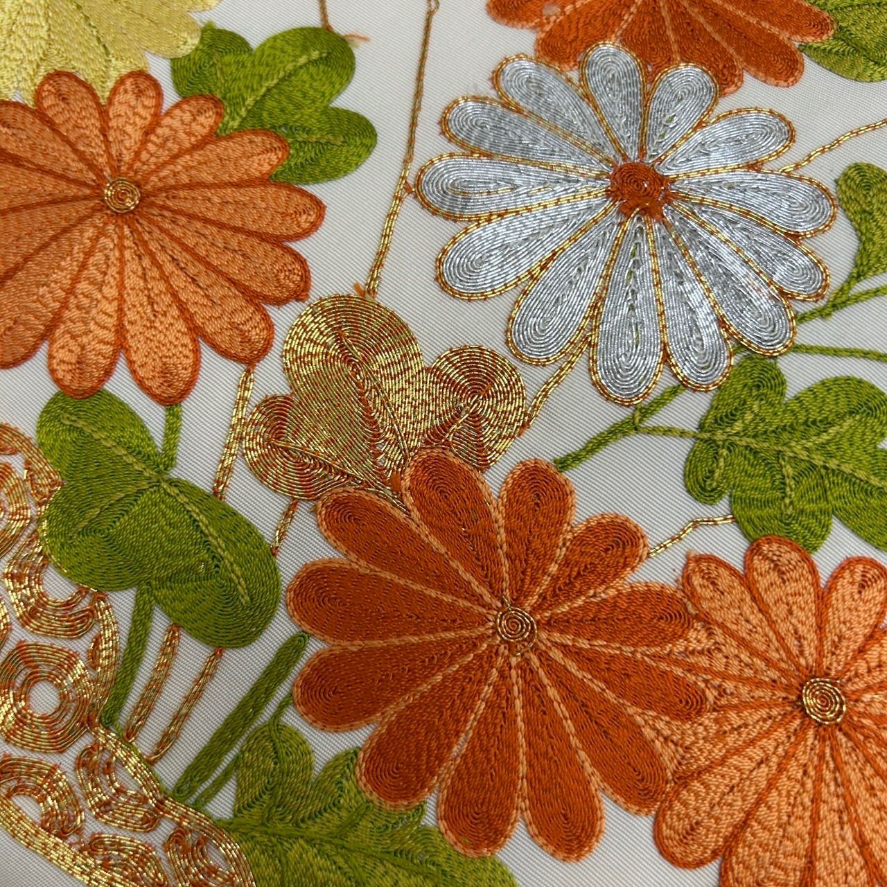 名古屋帯 塩瀬 刺繍 金駒刺繍 花柄 九寸 正絹 着物 MA-1134 - メルカリ