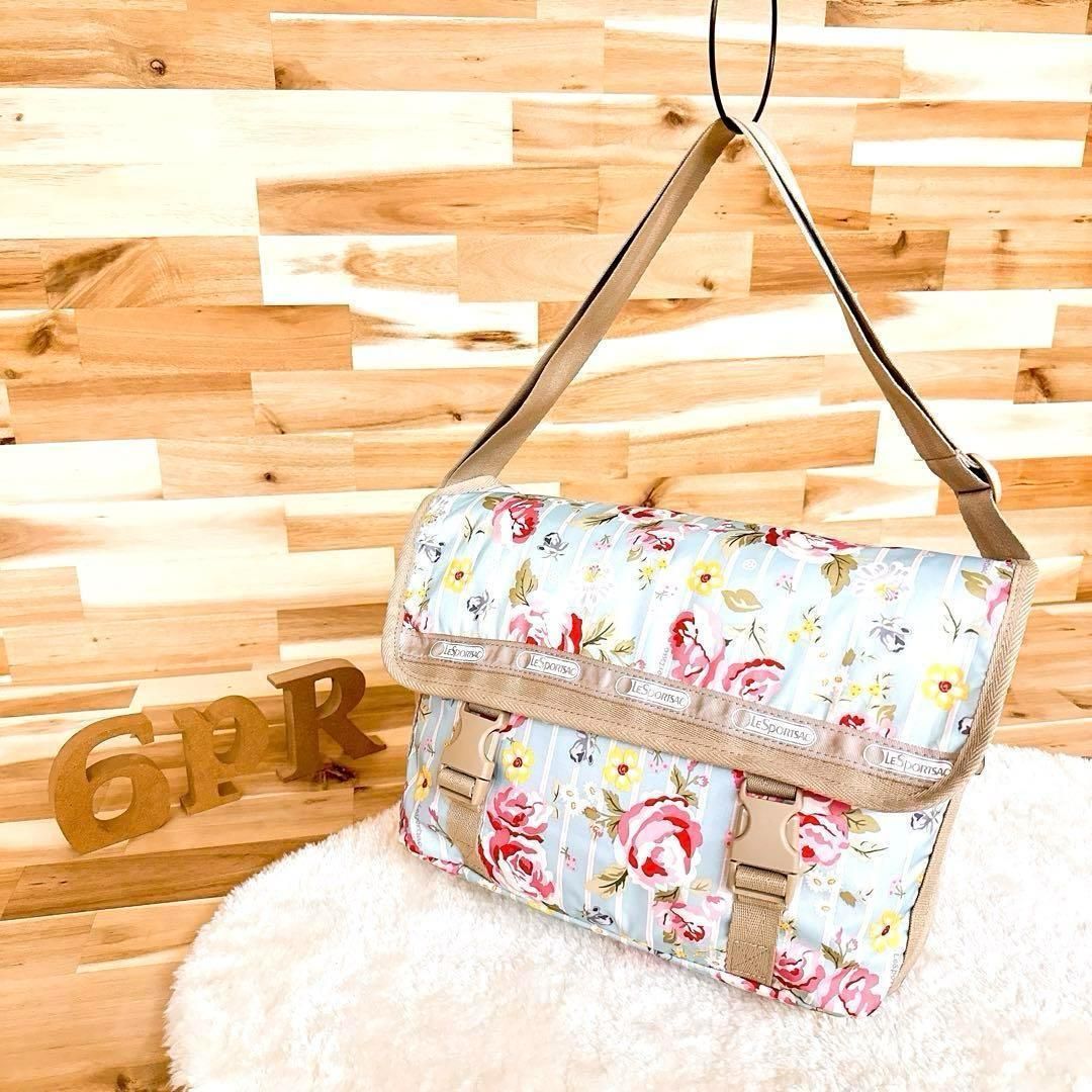 レスポートサック】レトロ フラワー ストライプ ショルダーバッグ 青