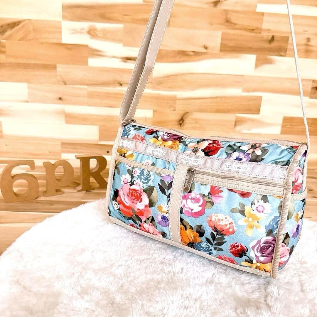 レスポートサック レトロ 花柄 フローラル ショルダーバッグ 水色×ベージュ 斜めがけ クロスボディ 軽量ナイロン 花フラワー