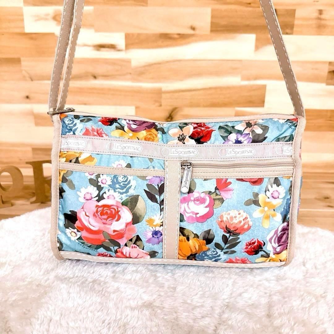 レスポートサック レトロ 花柄 フローラル ショルダーバッグ 水色×ベージュ 斜めがけ クロスボディ 軽量ナイロン 花フラワー