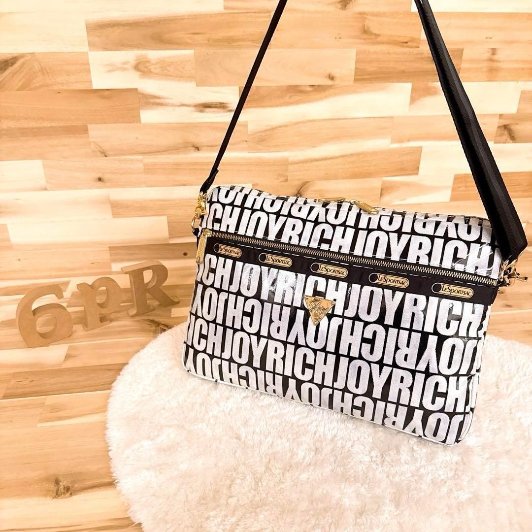 レスポートサック×ジョイリッチ コラボ スクエア ショルダーバッグ白×黒ブラック A4サイズ ホワイト×ブラック 総柄