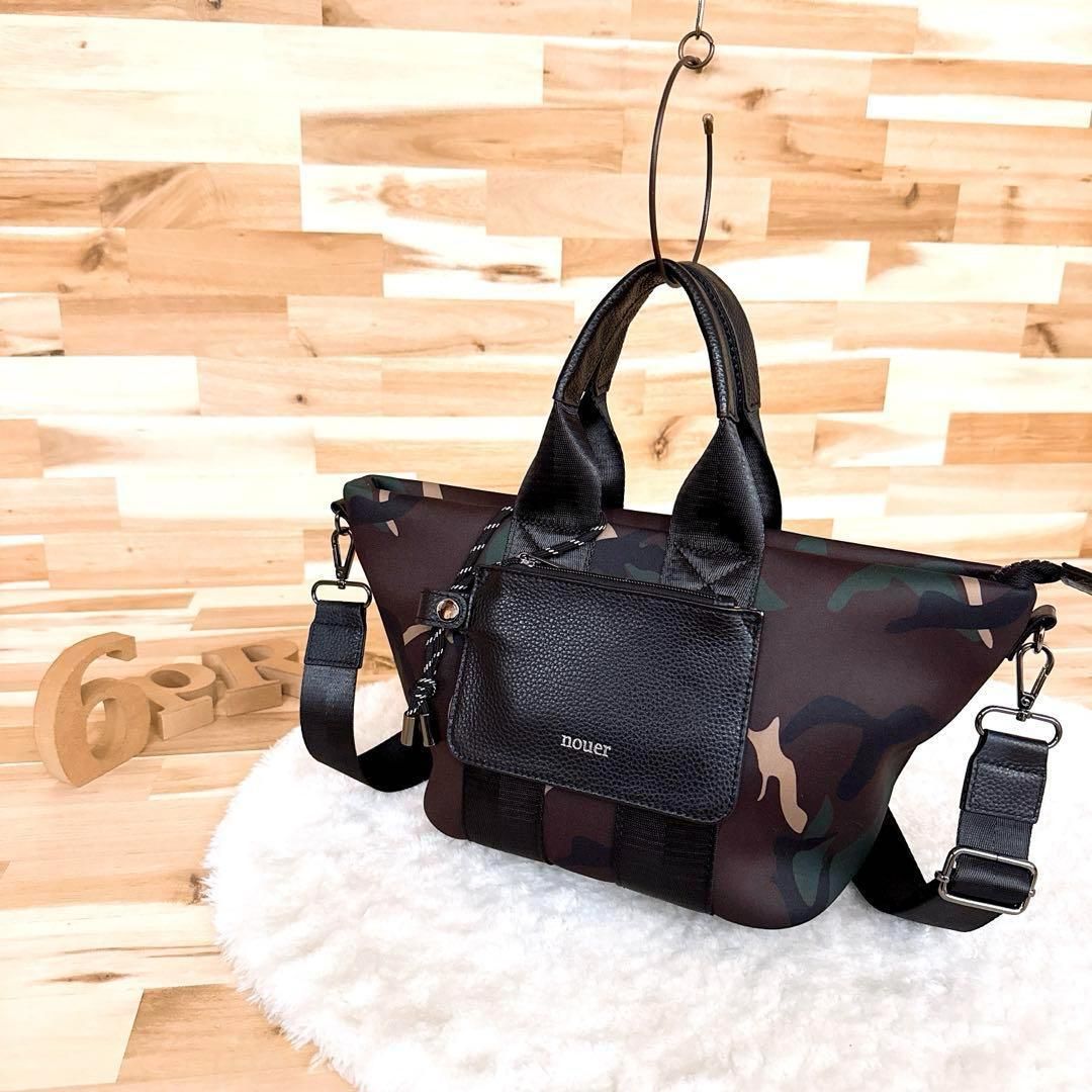 ヌエール 迷彩カモ柄 ショルダーバッグ2wayハンドバッグ レザー カーキ×黒ブラック カモフラ カモフラージュ