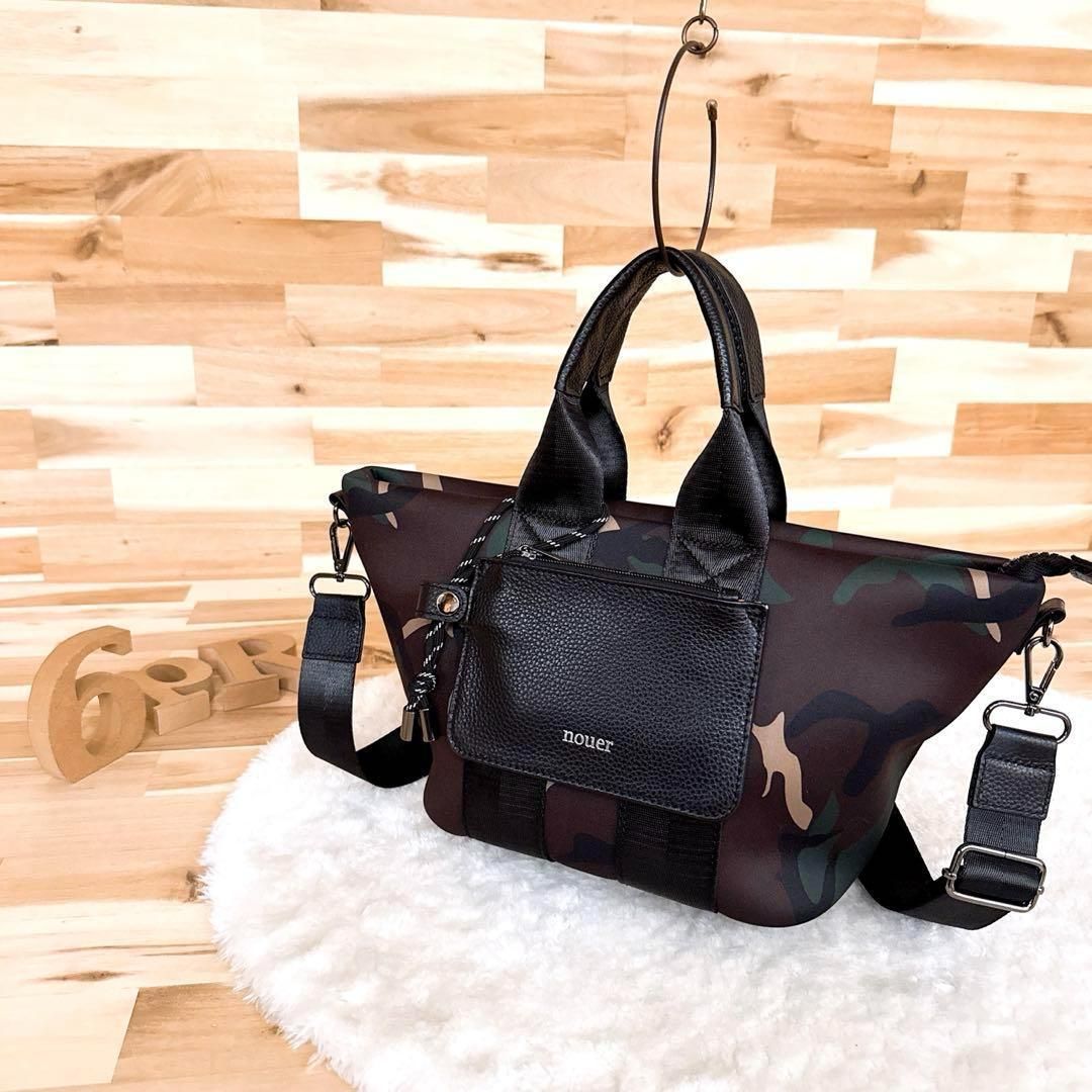  ヌエール 迷彩カモ柄 ショルダーバッグ2 wayハンドバッグ レザー カーキ×黒ブラック カモフラ カモフラージュ ショルダーバッグ ショルダーバッグ