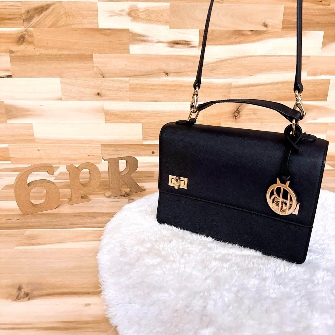 稀少 ヘンリベンデル レザー ショルダーバッグ2wayハンドバッグ 黒×金 スクエア ブラック×ゴールド チャーム