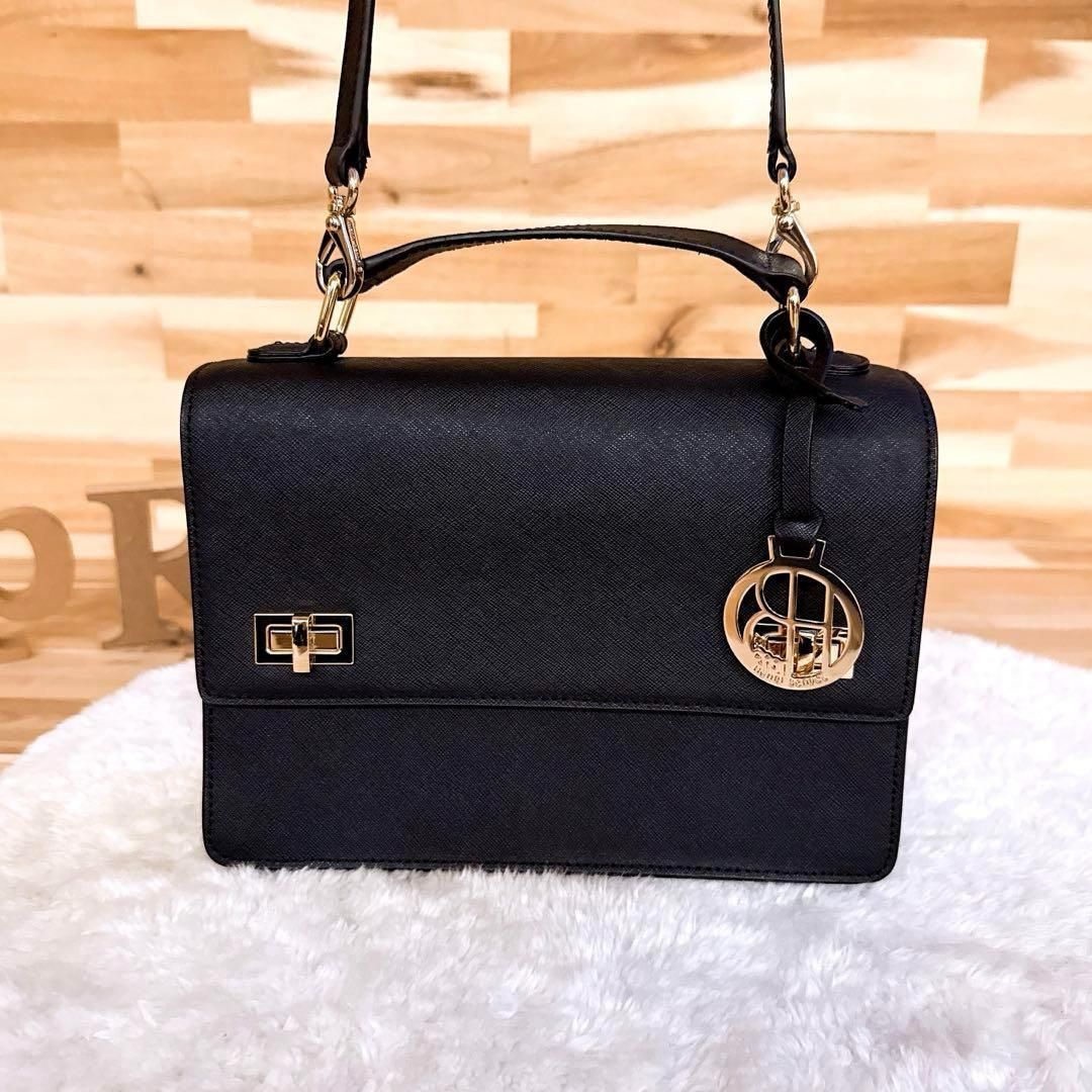 稀少 ヘンリベンデル レザー ショルダーバッグ2wayハンドバッグ 黒×金 スクエア ブラック×ゴールド チャーム