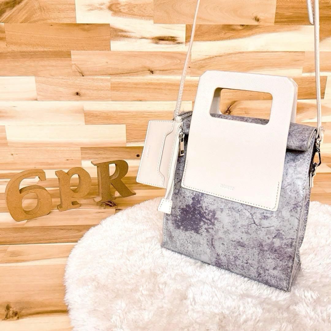 ヌエール ペーパーライク マーブル柄 ショルダーバッグ 2way ハンドバッグ グレー×アイボリー 斜めがけ クロスボディ