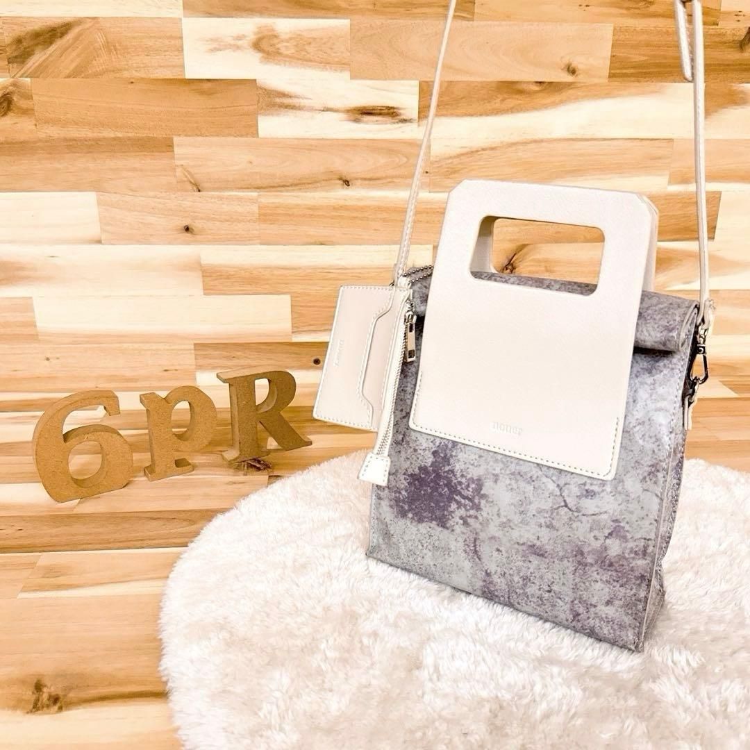  ヌエール ペーパーライク マーブル柄 ショルダーバッグ 2 way ハンドバッグ グレー×アイボリー 斜めがけ クロスボディ ショルダーバッグ ショルダーバッグ