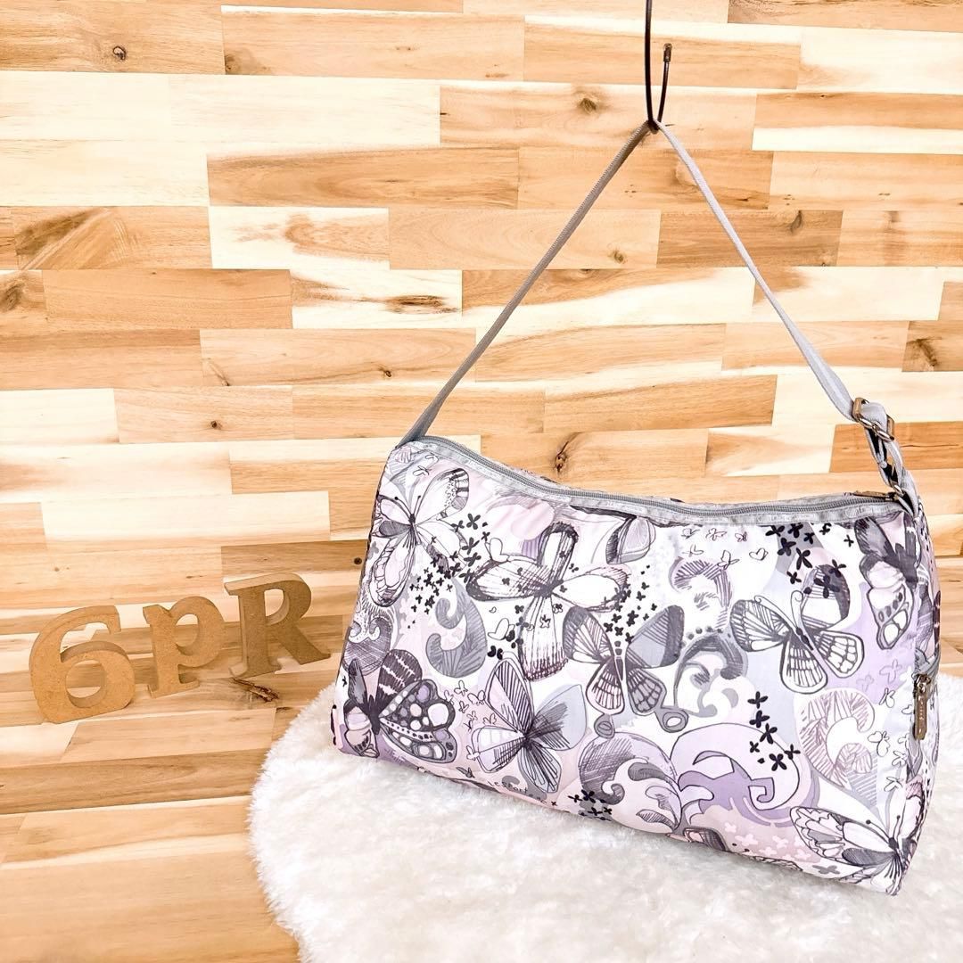 レスポートサック バタフライ柄 ショルダートート 蝶々 蝶 グレー ピンク A 軽量ナイロン 総柄 ハンドバッグ