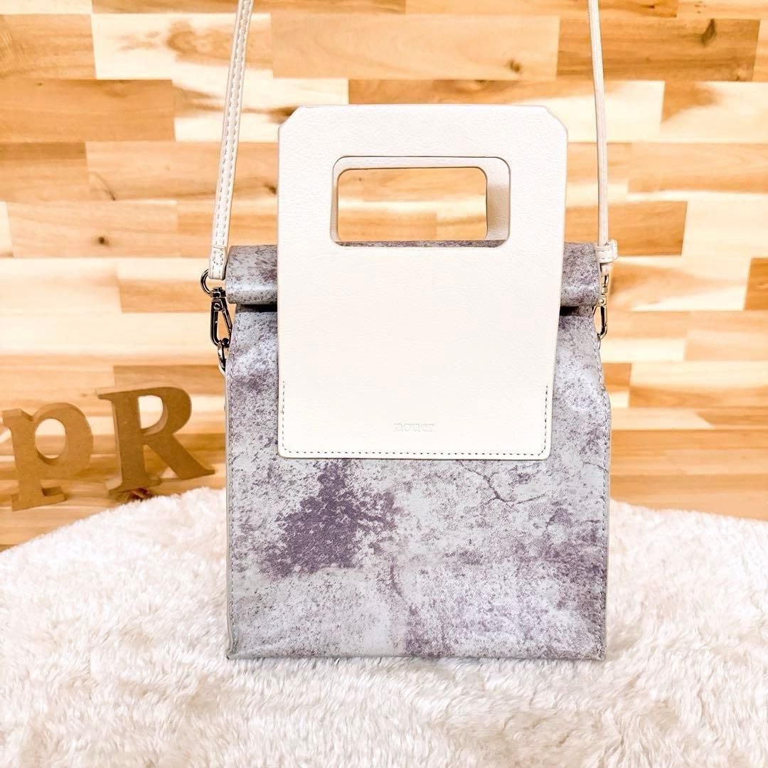 ヌエール ペーパーライク マーブル柄 ショルダーバッグ 2way ハンドバッグ グレー×アイボリー 斜めがけ クロスボディ