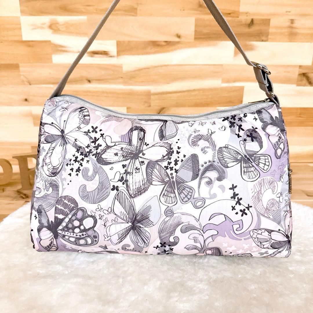 レスポートサック バタフライ柄 ショルダートート 蝶々 蝶 グレー×ピンク A4サイズ 軽量ナイロン 総柄 ハンドバッグ