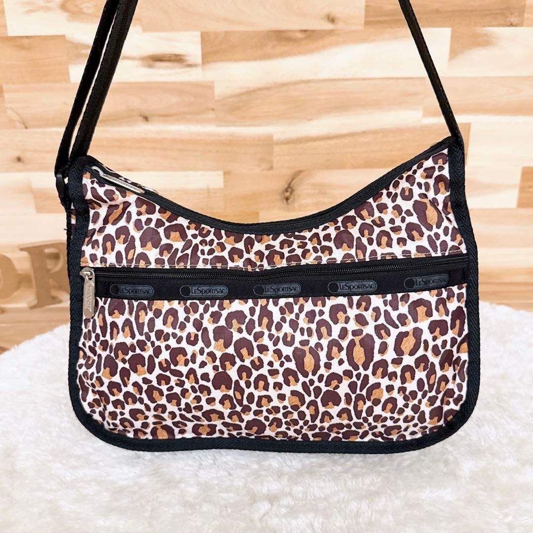 レスポートサック レオパード ショルダーバッグ 豹ヒョウ柄 ポーチ付き 黒×茶 斜めがけ クロスボディ アニマル 軽量ナイロン