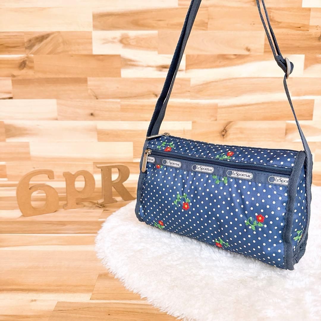 レスポートサック 水玉 ドット柄 刺繍 花柄 ショルダーバッグ 紺×アイボリー 斜めがけクロスボディ ナイロン 水玉 花フラワー